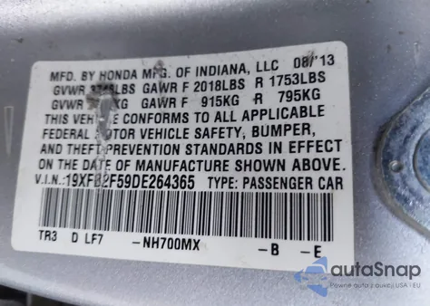 2013 Honda Civic Lx из США, поврежденный, VIN 19XFB2F59DE264365